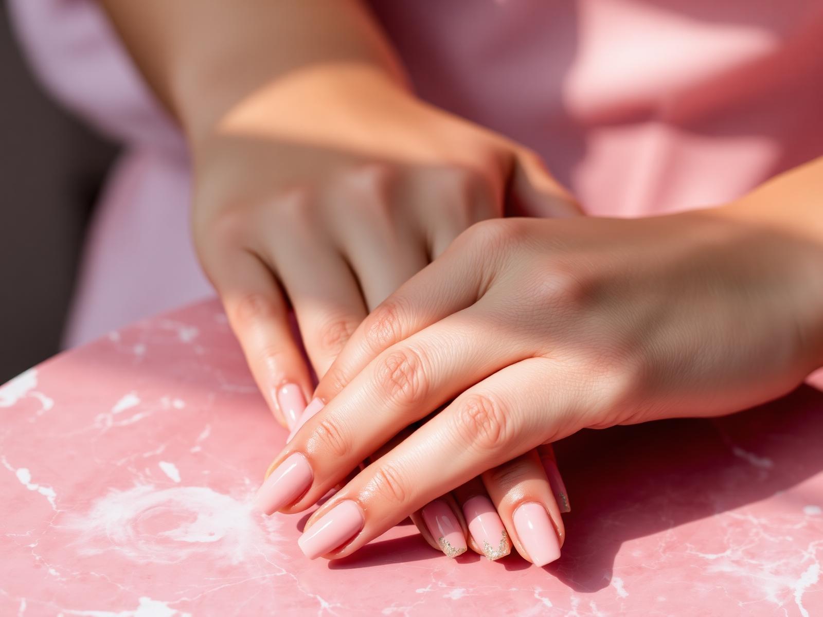 Beautifully manicured hands on rose marble
